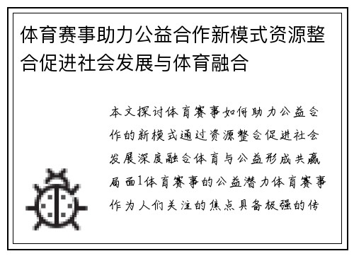 体育赛事助力公益合作新模式资源整合促进社会发展与体育融合