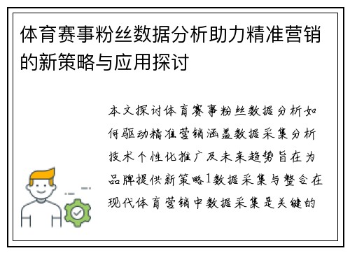体育赛事粉丝数据分析助力精准营销的新策略与应用探讨